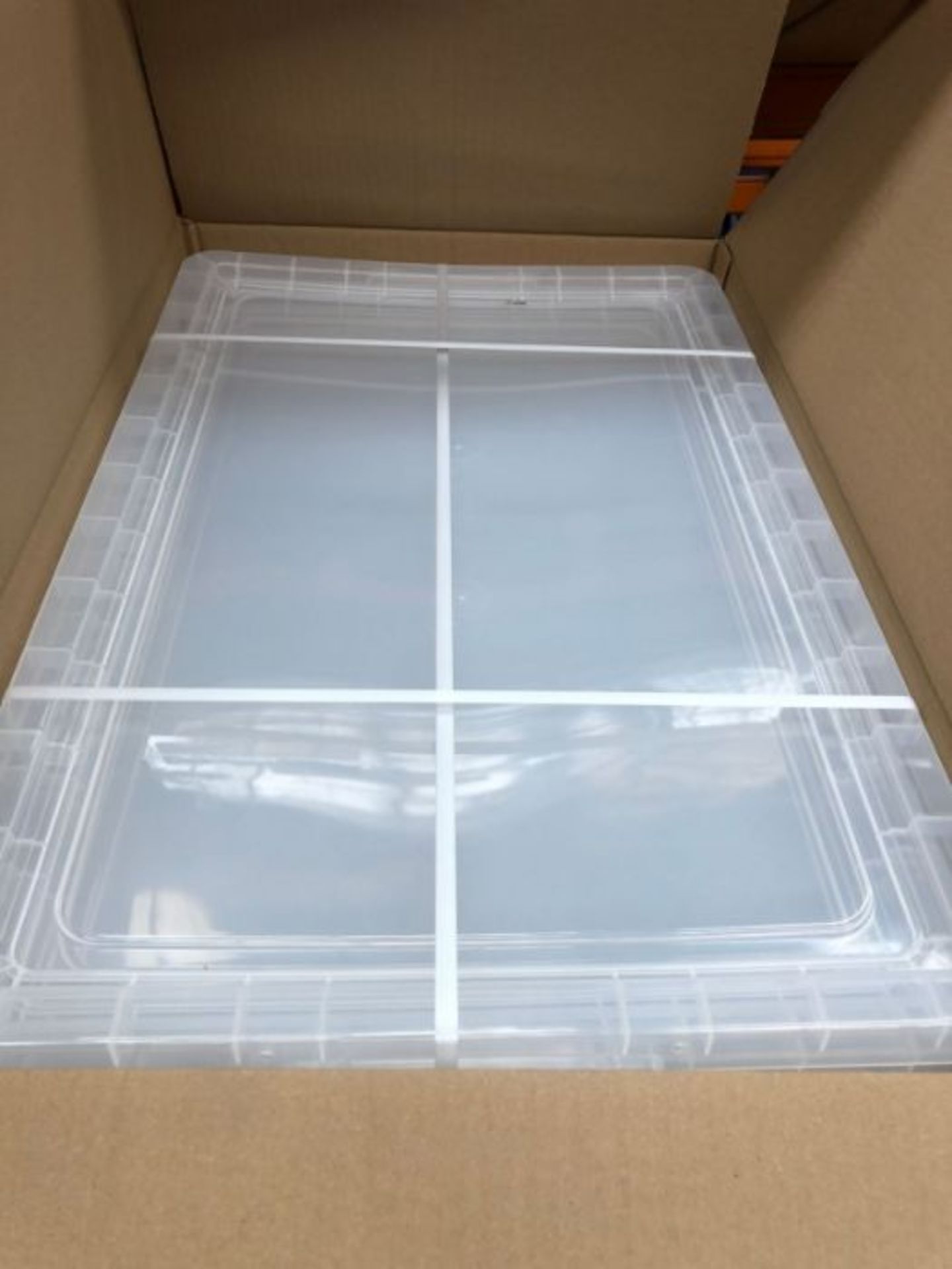 3 X CLEAR PLASTIC 62ltr STORAGE BOXES WITH LIDS / LOOK LIKE NEW