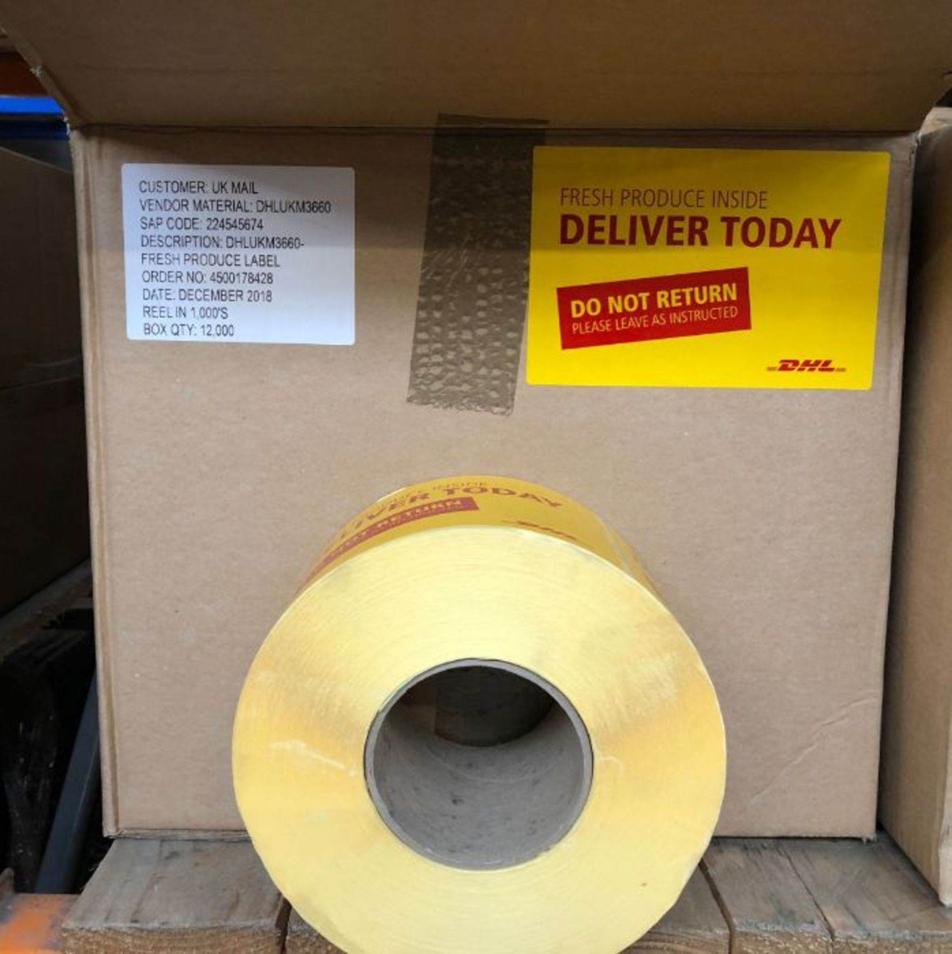 1 X BOX TO CONTAIN APPROX 12,000 DHL "FRESH PRODUCE INSIDE DELIVER TODAY" LABELS / AS NEW