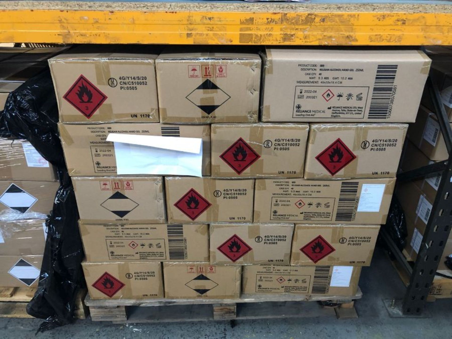 1 X BULK PALLET TO CONTAIN 35 X BOXES OF RELISAN ALCOHOL HAND GEL / 40 X 250ml BOTTLES PER BOX /