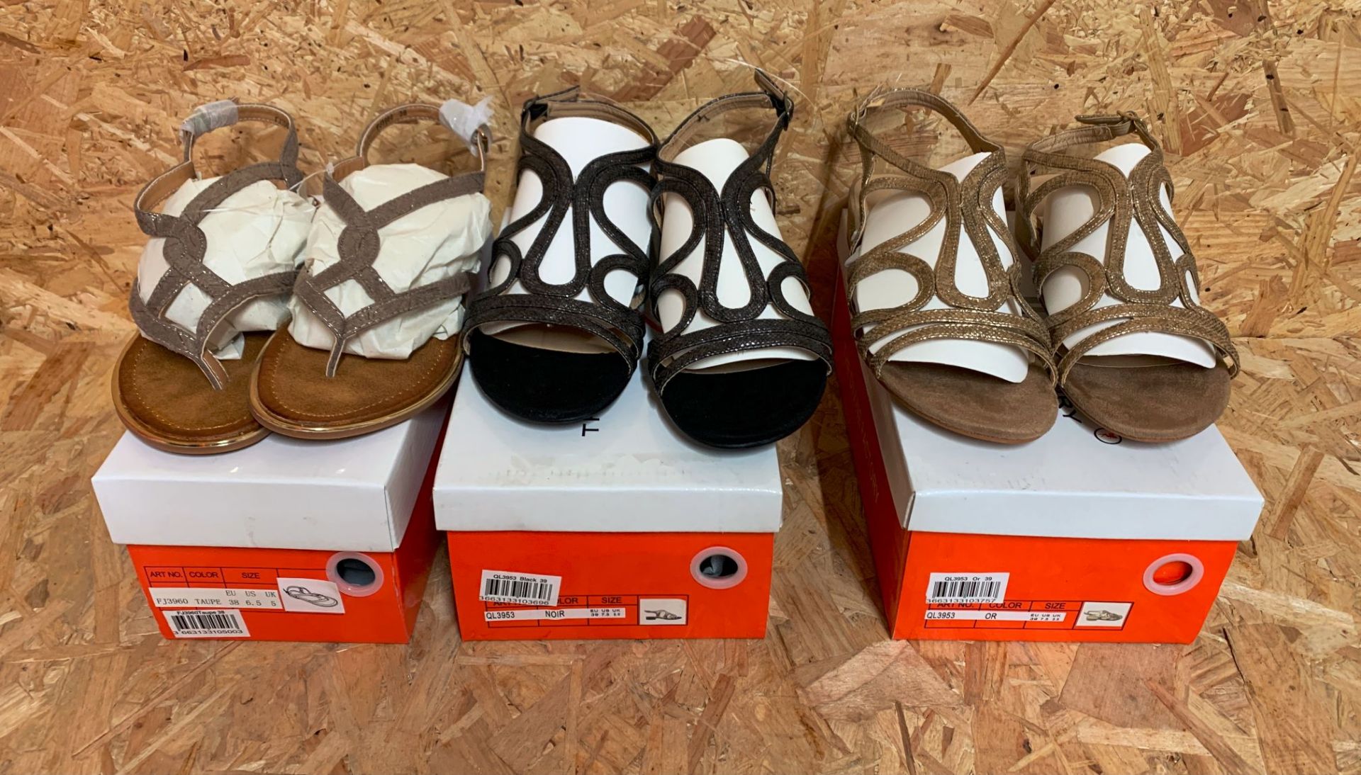 ONE LOT TO CONTAINS 3 x PAIRS OF DIVINE FACTORY LADIES SANDALS IN TAUPE, NOIR AND OR