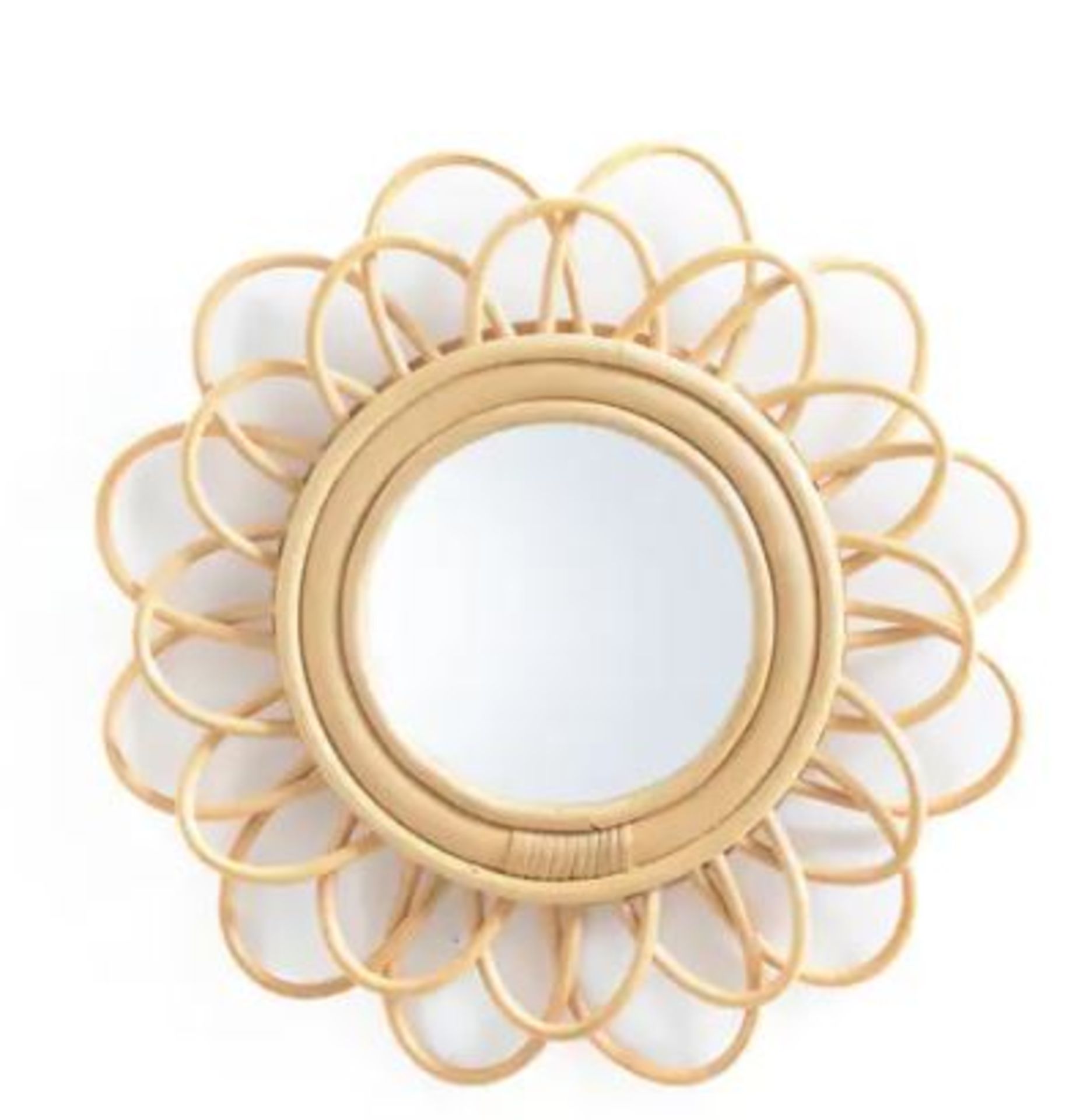 1 X NOGU DOUBLE FLOWER RATTAN MIRROR, DIAMETER 35CM / GRADE A/B MINOR SCRATCH TO MIRROR / RRP £32.00