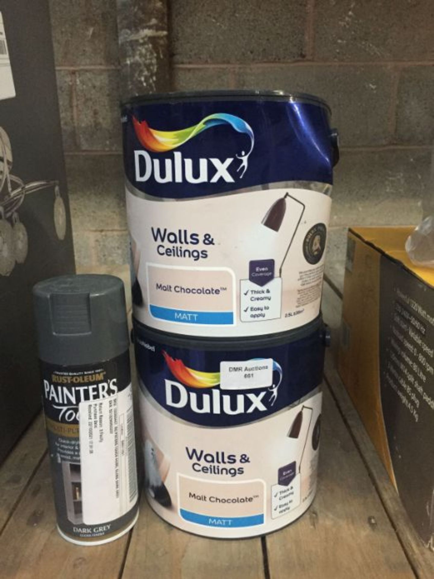2 X DULUX MATT CHOCOLATE WALL AND CEILING PAINT 2.5L, AND A SPRAY CAN OF RUSTOLEUM DARK GREY /