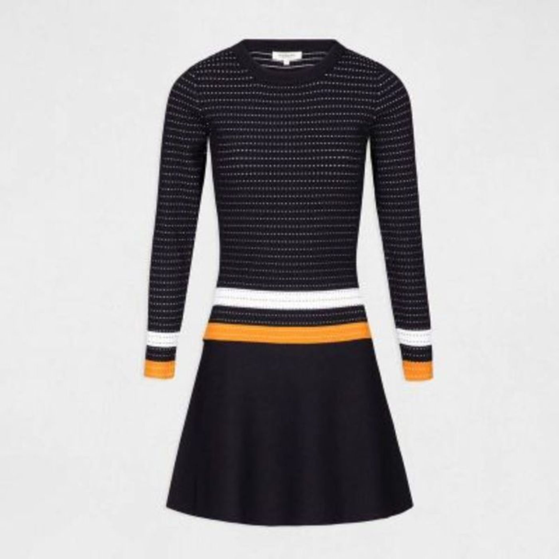 MORGAN - STRIPED RIBBED FLARED DRESS WITH LONG SLEEVES - NAVY / MUSTARD - SIZE: UK 10. RRP £62.00 AS