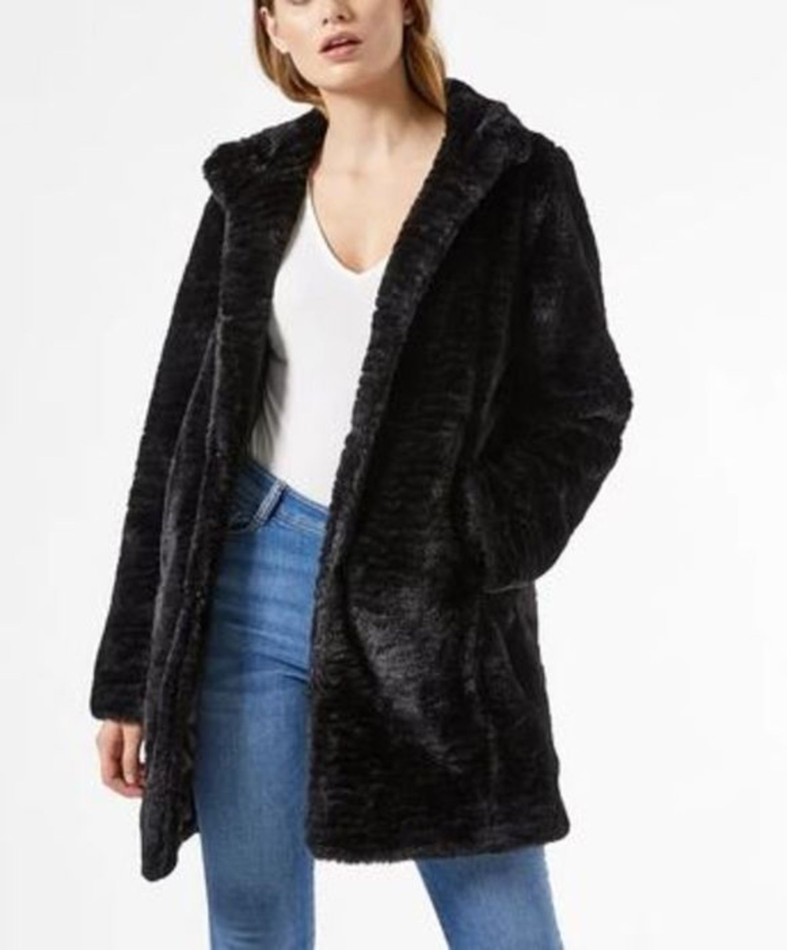 1 X DOROTHY PERKINS FUNNEL COLLAR TEXTURED LONGLINE FAUX FUR COAT - BLACK / SIZE 10 / RRP £59.00 /