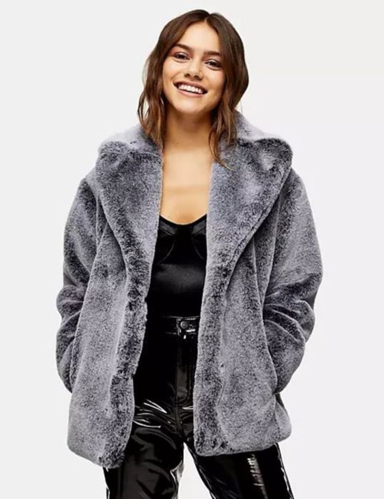 1 X TOPSHOP TWO TONE FAUX FUR COAT - GREY / SIZE: 12 / RRP £70.00 / BRAND NEW WITH TAGS