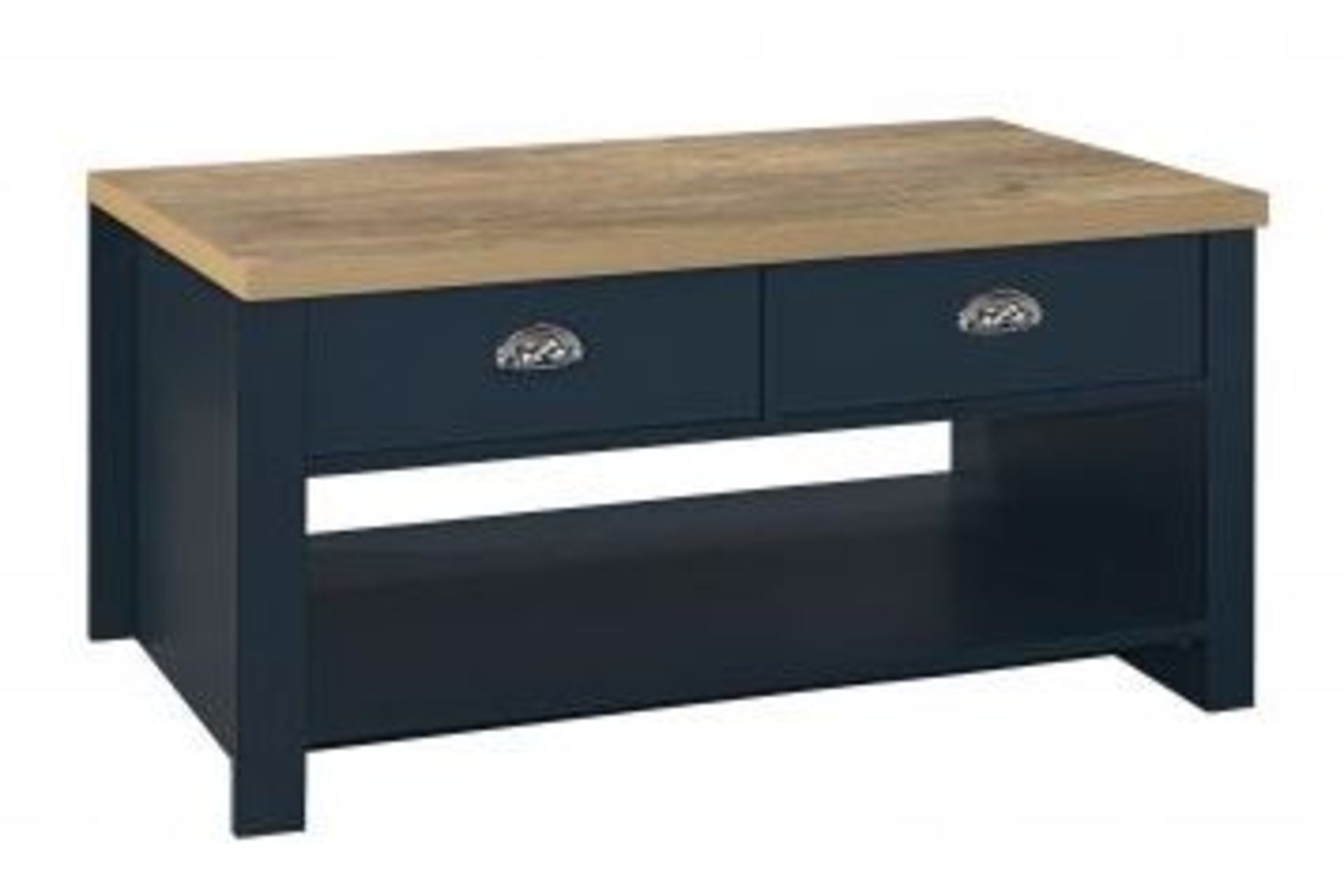 1 X HIGHGATE 2 DRAWER COFFEE TABLE NAVY BLUE & OAK EFFECT - HIG2CTNOK / RRP £113.95 / CUSTOMER