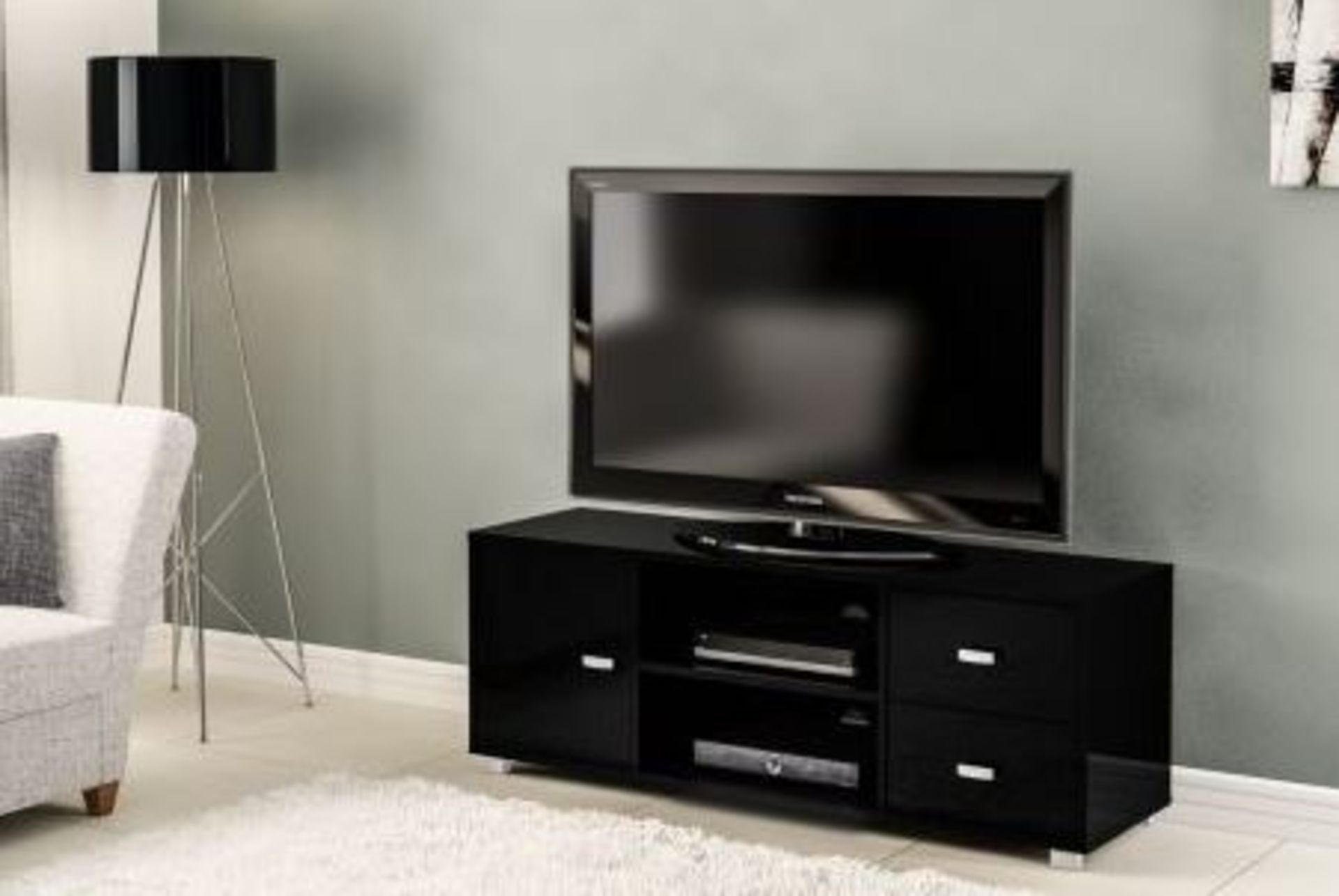 1 X BIRLEA COVENT TV STAND ENTERTAINMENT UNIT WITH STORAGE DRAWERS - HIGH GLOSS BLACK (