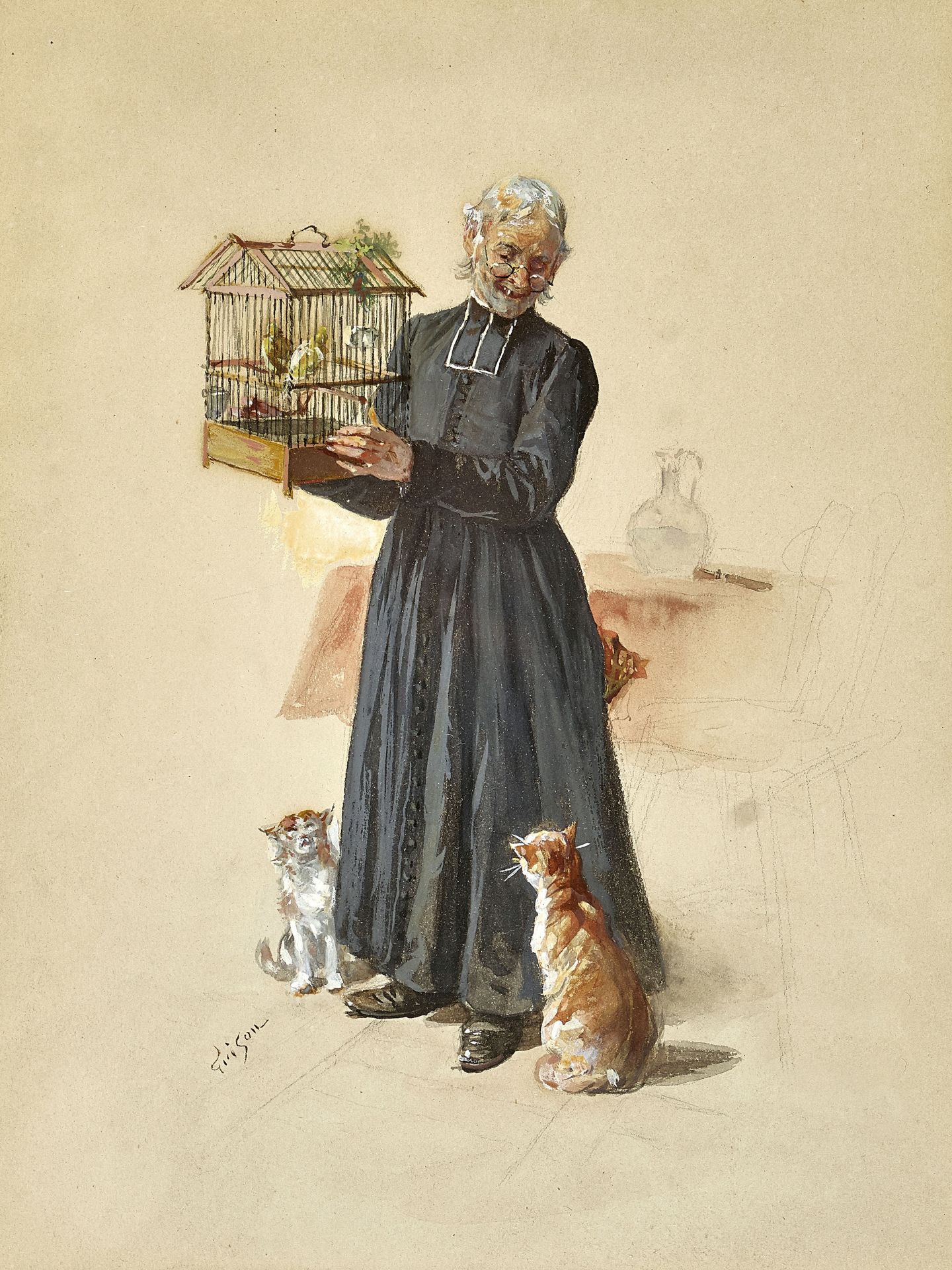 GRISON, FRANÇOIS ADOLPHE: Geistlicher mit Vogelkäfig und Katzen.