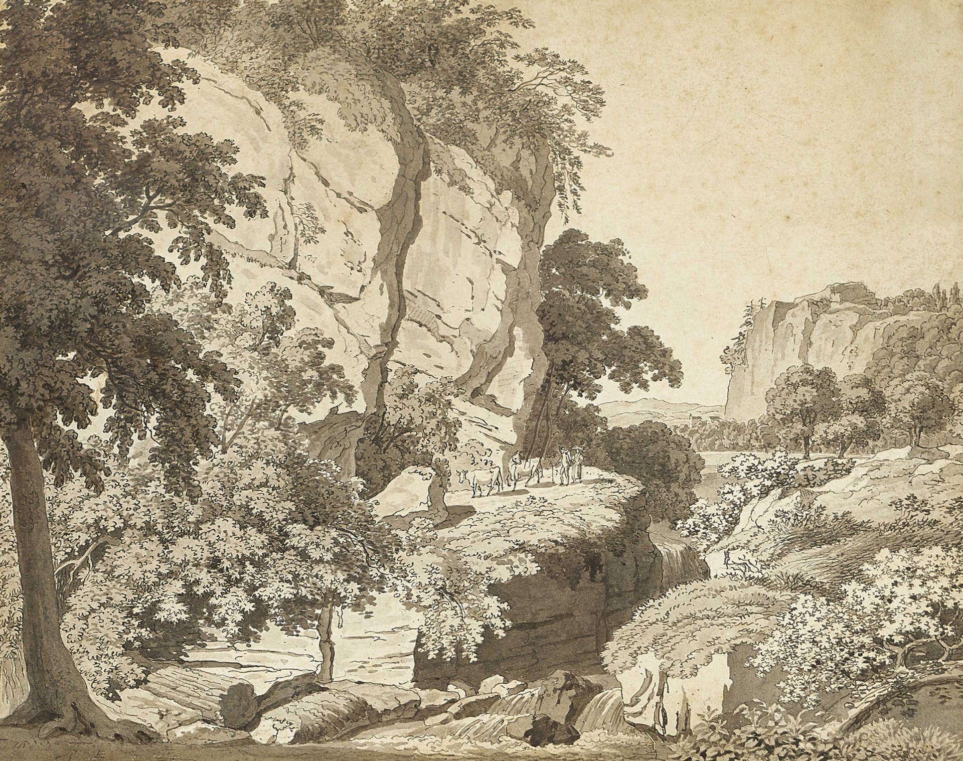 FOLLENWEIDER, JOHANN RUDOLF: Felsige Landschaft mit Bauernpaar und Vieh.