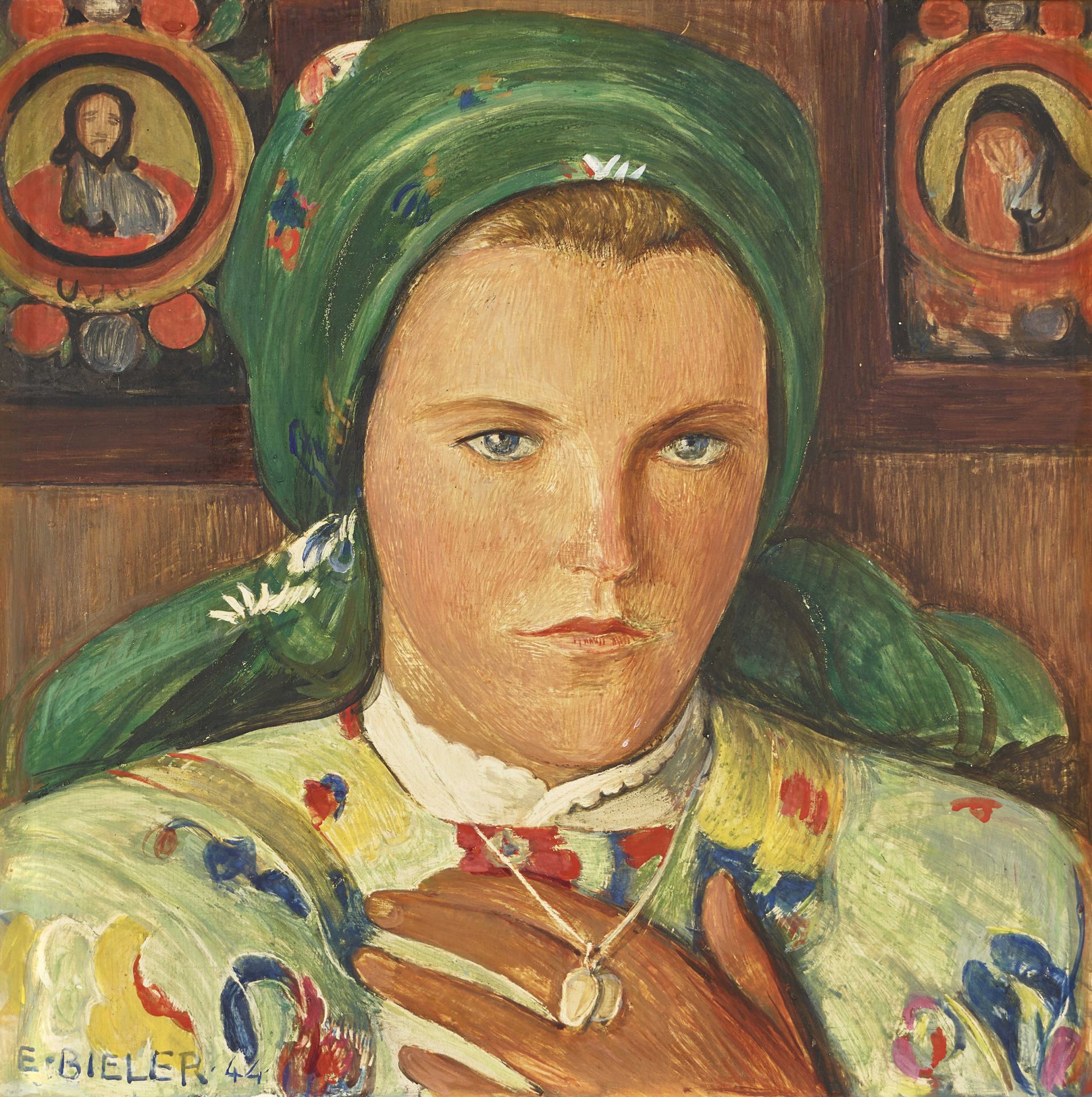 BIÉLER, ERNEST: Portrait de jeune valaisanne au foulard et au collier.
