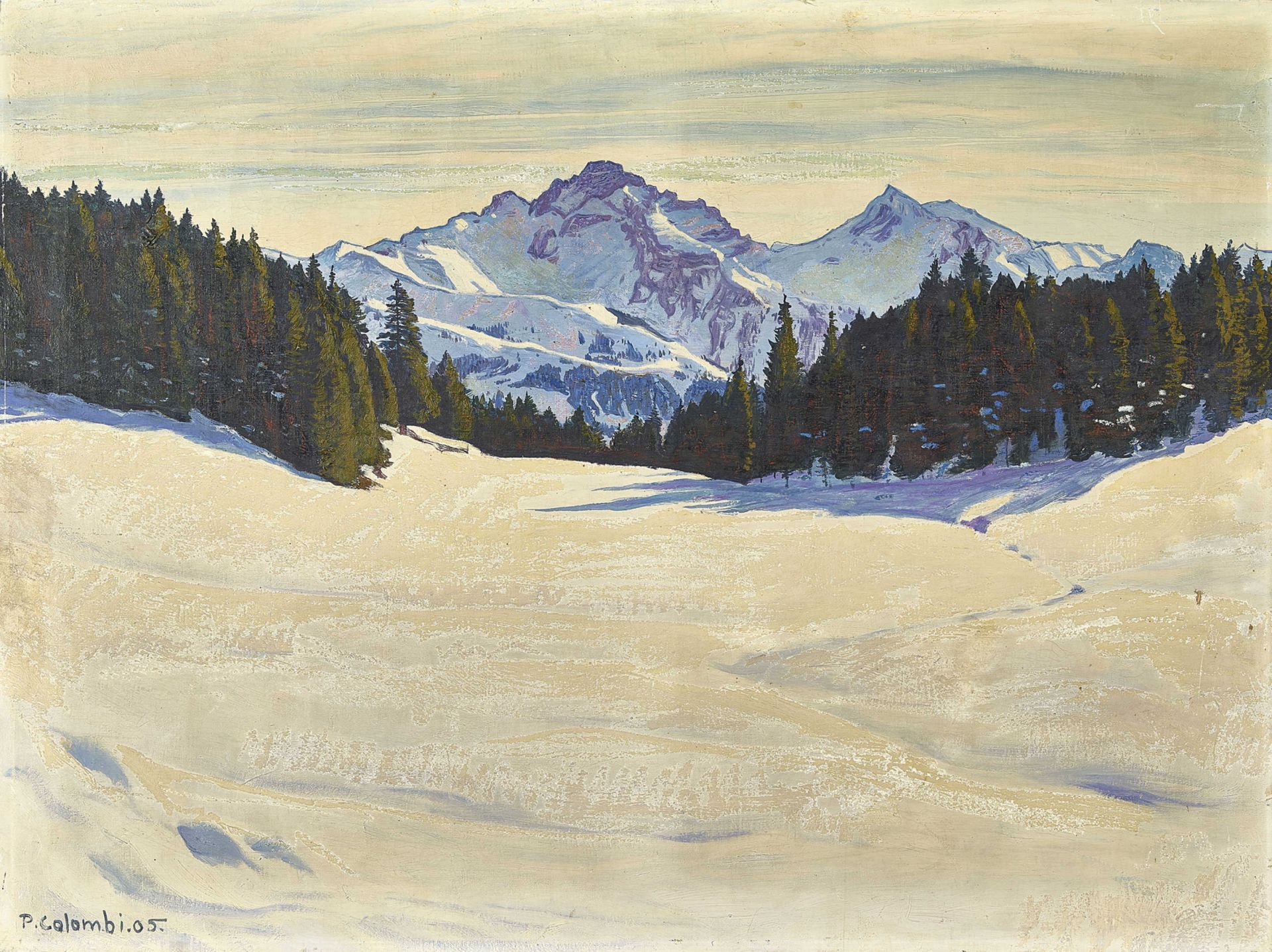 COLOMBI, PLINIO: Sonnige Winterlandschaft mit Bergmassiv.