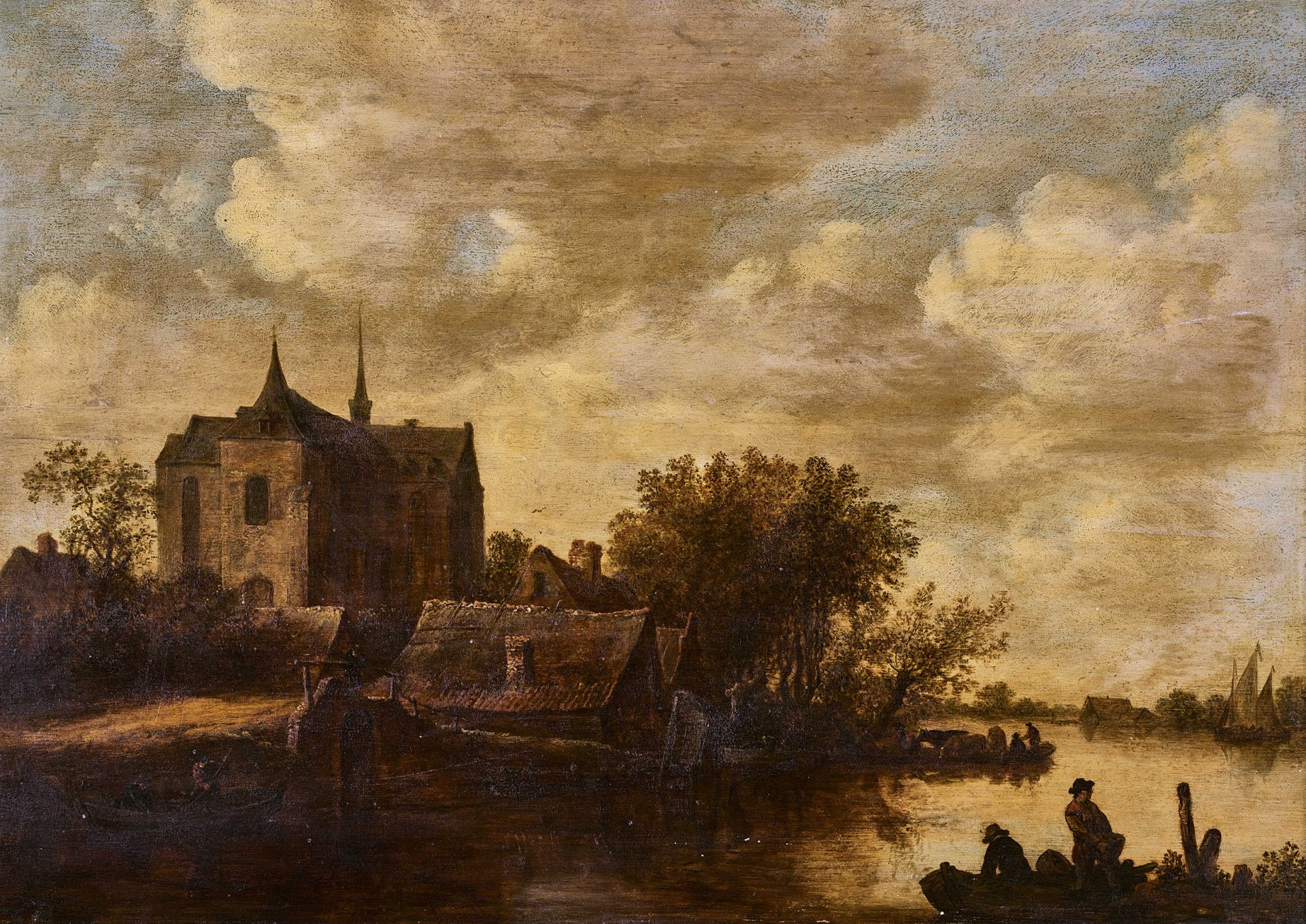 GOYEN, JAN JOSEFSZ. VAN, Umkreis - Circle: Dorf mit Kirche an einem Fluss.