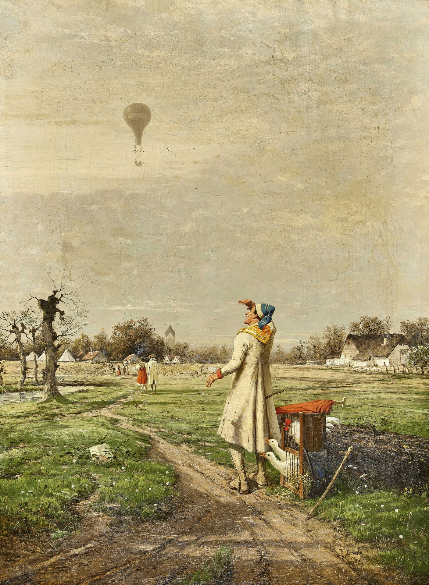 BEINKE, FRITZ: Geflügelhändler bei der Beobachtung eines Heissluftballons am Himmel.