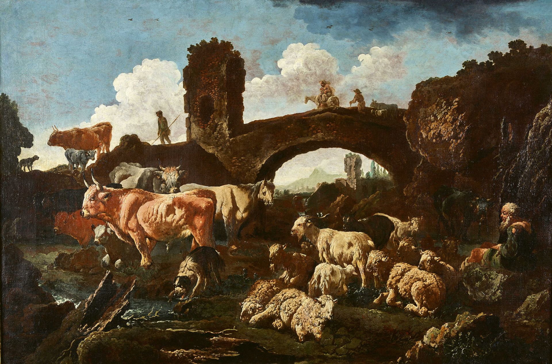 BRANDI, DOMENICO, Zugeschrieben - Attributed: Hirten mit Vieh bei einer Brücke.