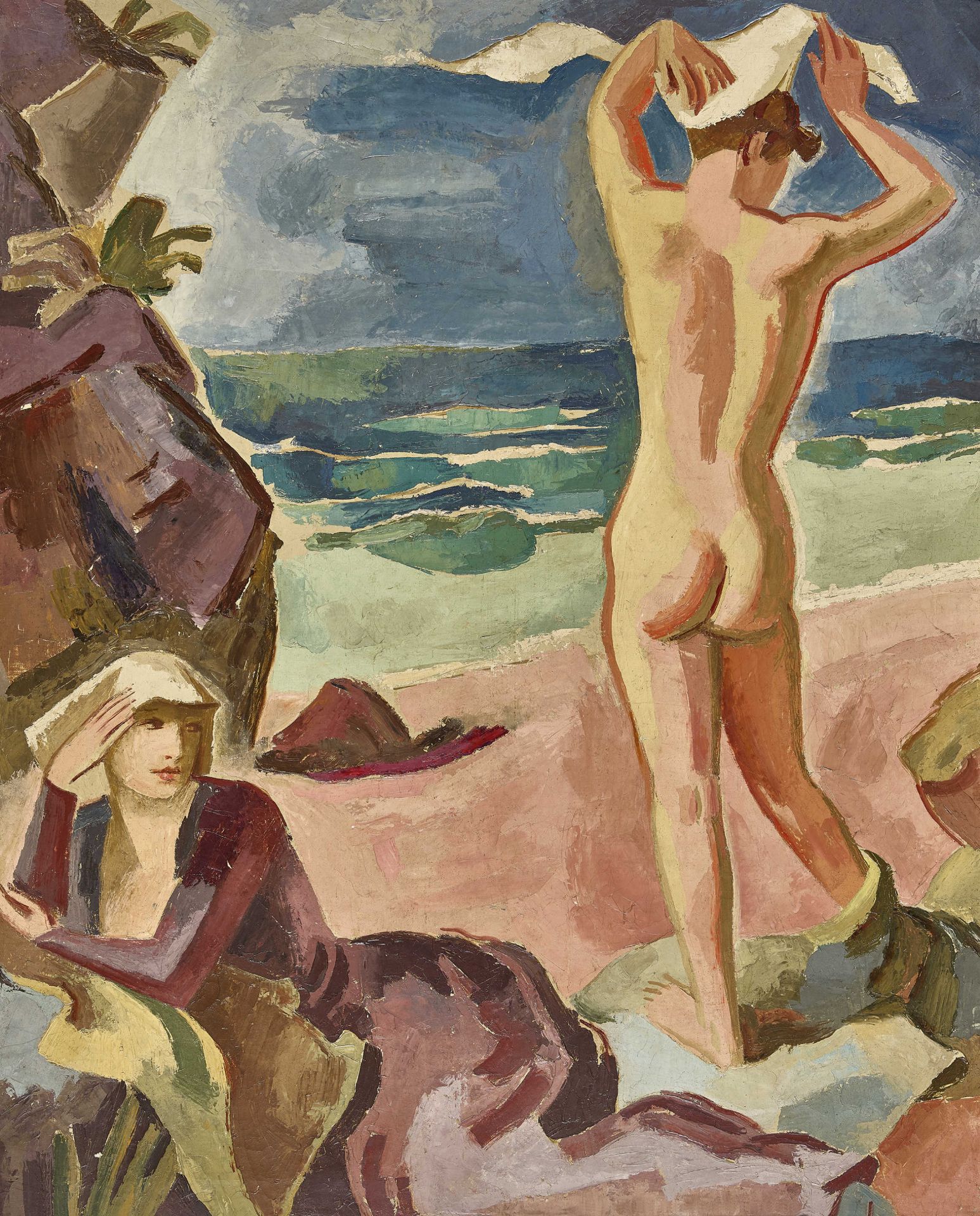 URECH, RUDOLF: Rückenakt und sitzende Frau am Strand.