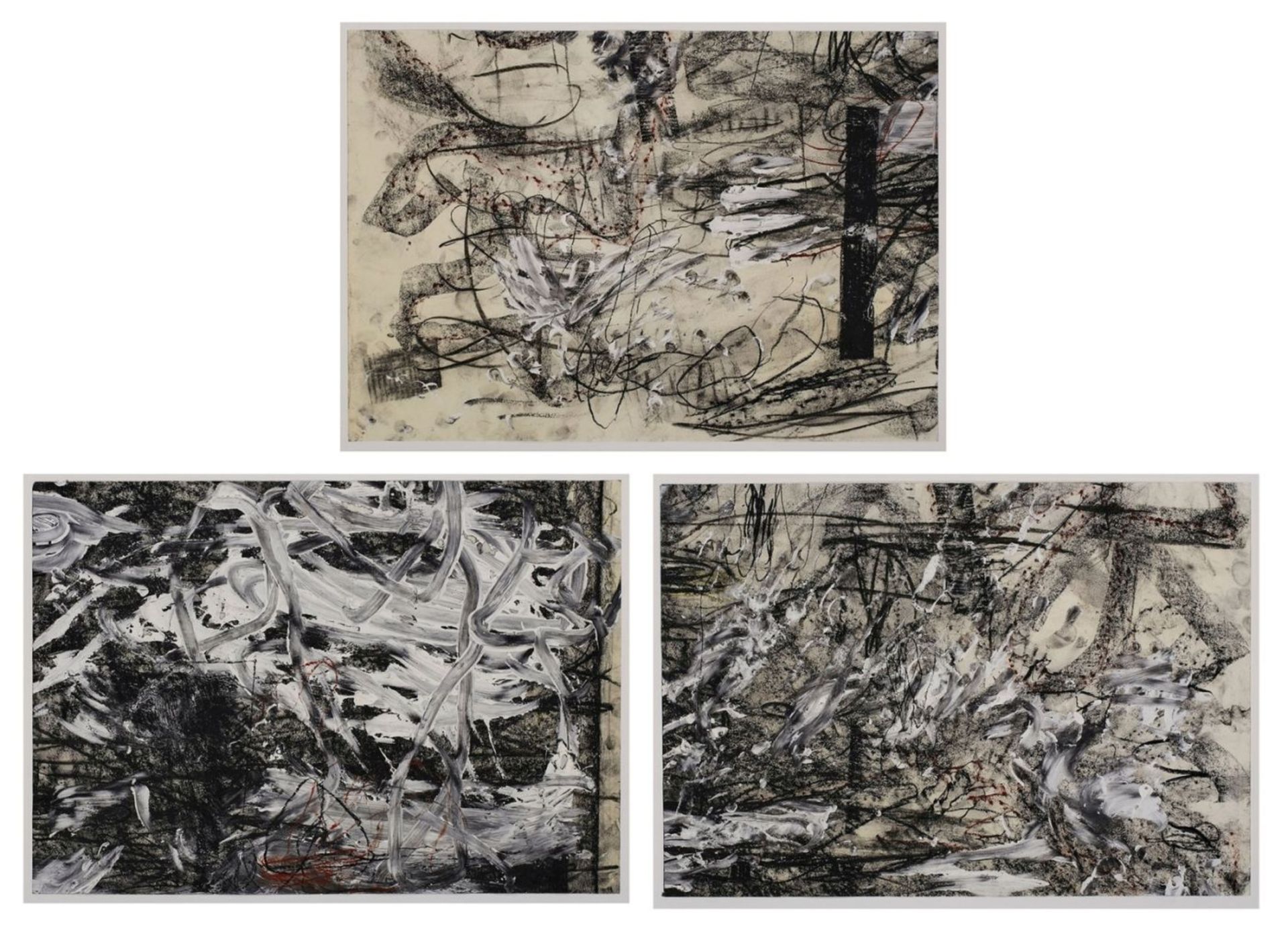 3 Kohle-/Kreidezeichnungen mit Deckweiß Zeitgenössischer Künstler 20.Jh. "o.T." 34,5 x 50 cm (