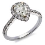 Tropfenförmiger Diamant-Ring, Weissgold, mit 1 Diamanten von zus. 1,51 ct.