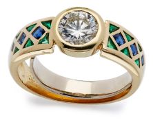 Brillant-Saphir-Smaragd-Ring, Gelbgold, mit Brillant von 1,35 ct.