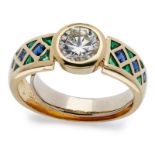 Brillant-Saphir-Smaragd-Ring, Gelbgold, mit Brillant von 1,35 ct.