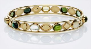 Halbedelstein-Armreif. Gelbgold mit Calcedon, Opalen, Citrinen, Turmalinen und Peridots.