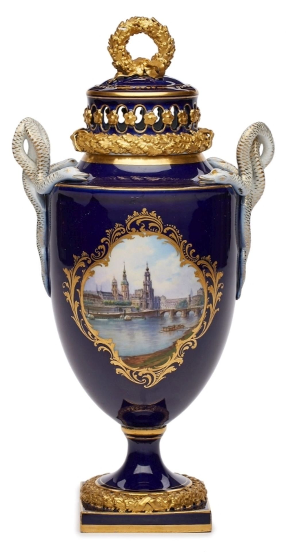 Potpourri-Vase mit Ansicht der Hofkirche, Meissen um 1900.