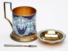 Kl. Set aus Teeglas-Halter, Schälchen und Gabel, Russland 2. Hälfte 20. Jh.