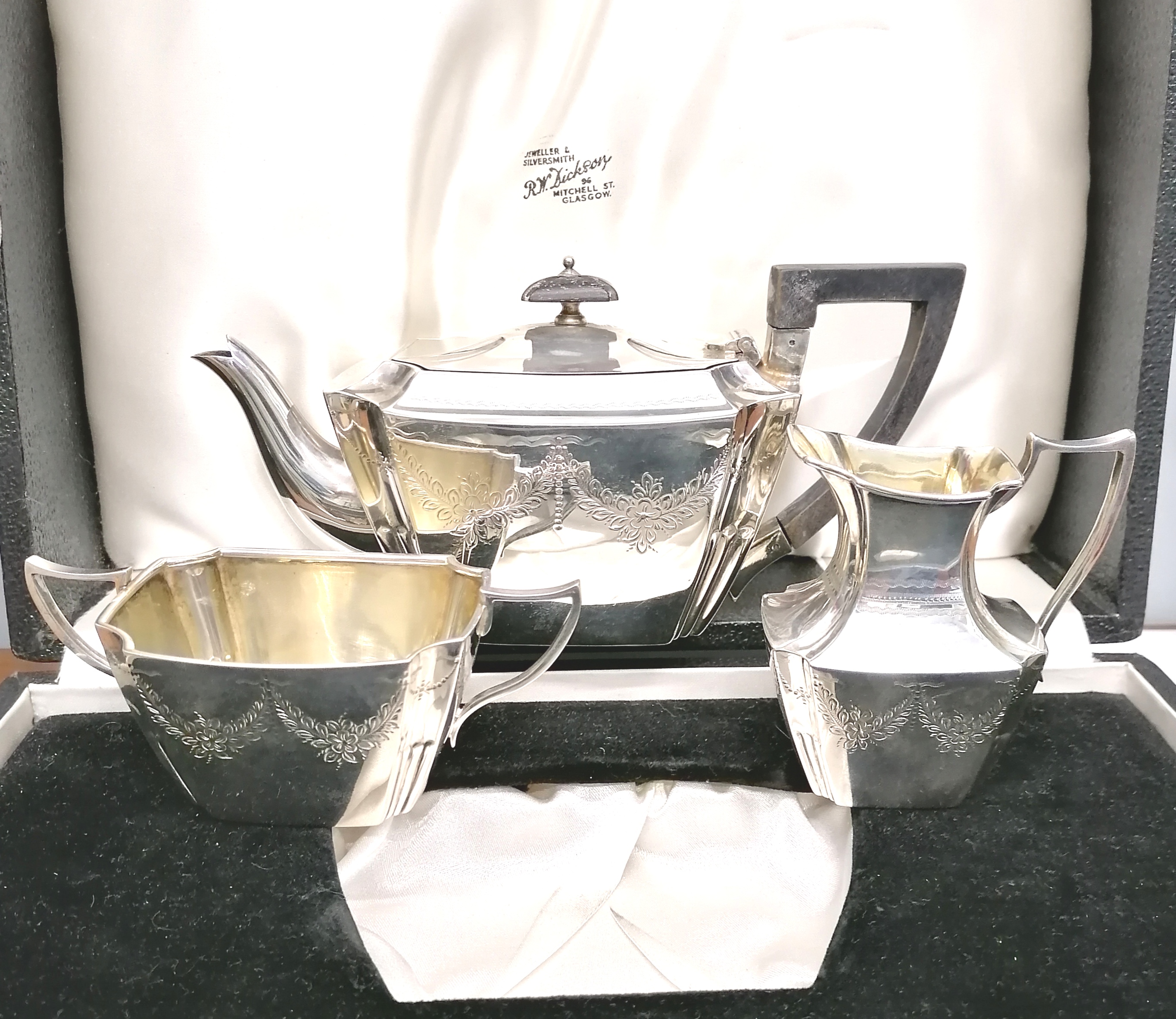 A Victorian Glasgow silver R. W. Sorley 1895 breakfast set to include tea pot, cream and sugar