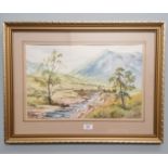 Elizabeth McDonald watercolour landscape entitled 'Glen Etive'. 31 cm height, 49 cm width approx.