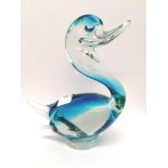 A studio blue glass duck. 18 cm height, 14 cm width approx.