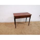 19th century mahogany flip top table having one long drawer raised on tapering supports. 91cm width,