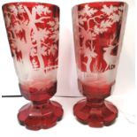 Pair of south German (Bohemian) ruby glass vases with finely etched wildlife scenes circa 1880.