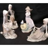 Lladro; a group of four figures, to include 'Land of The Giants' girl with apple and butterfly, a