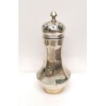 A Sheffield silver sugar caster dated 1913. 15 cm height, 6.5 cm width approx. 120g approx (a.f).