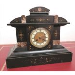 A late 19th century slate and marble inlaid mantel clock. 33 cm height, 37.5 cm width approx.