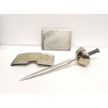 A Birmingham silver stamp holder dated 1938 together with a white metal card holder and letter