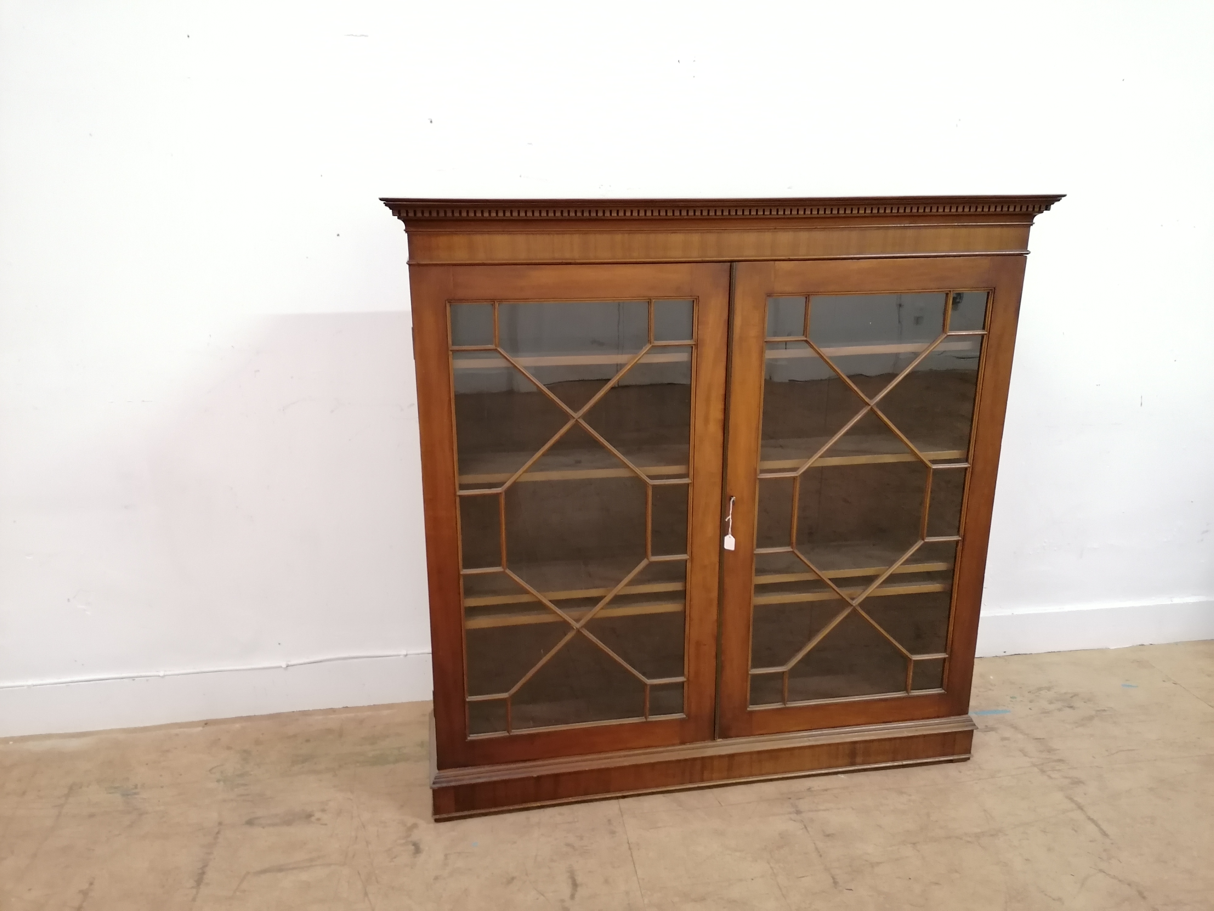 19th century mahogany bookcase having a dental fixed cornice to top over astragal glazed pannel
