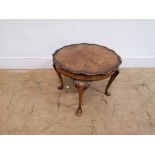 A 1930 Burr walnut veneer occasional table having a moulded top raised on pad feet. 60cm width, 44cm