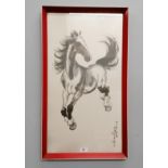 A framed Chinese print of a horse. 73 cm height, 39.5 cm width approx.