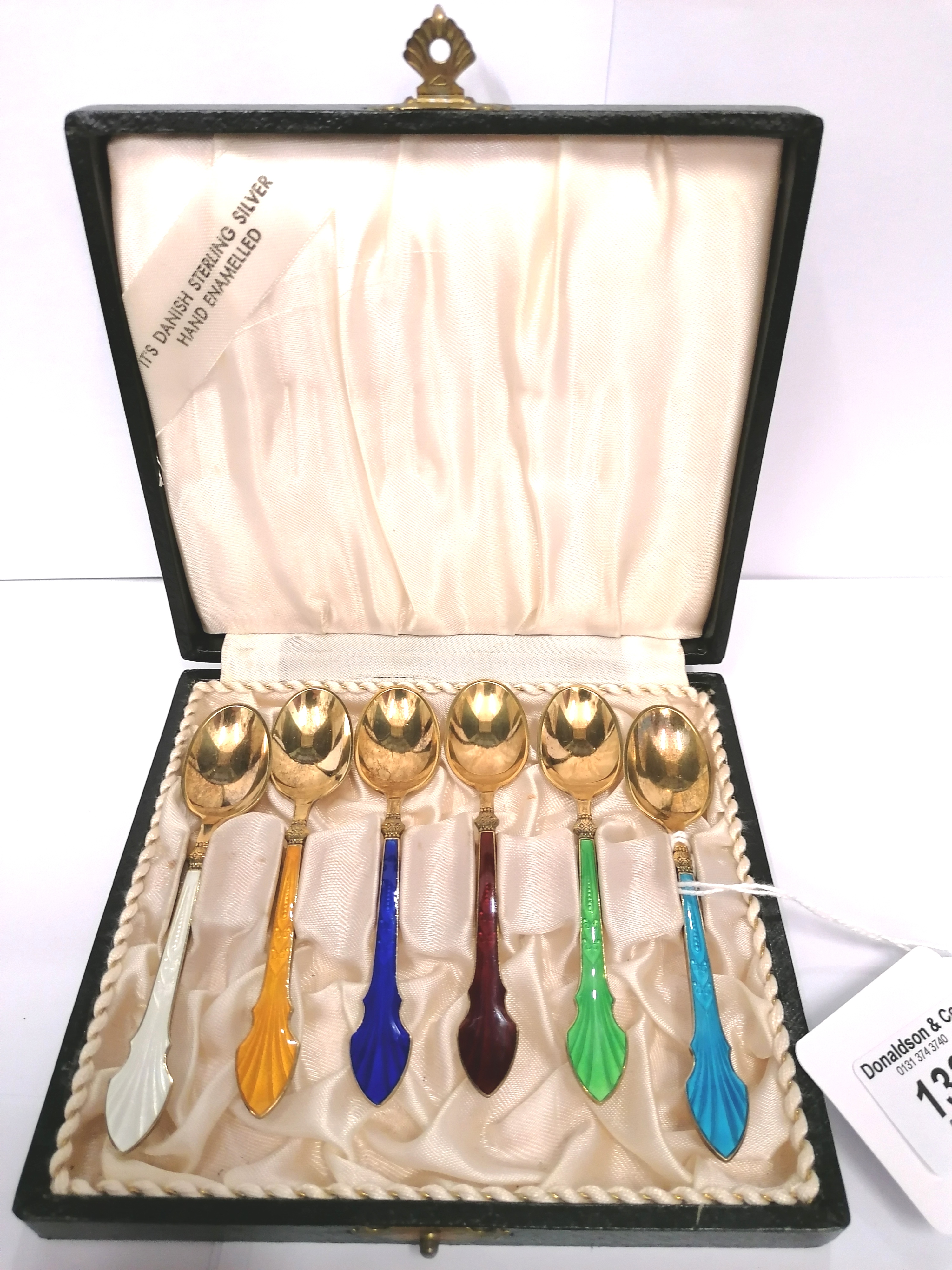 Fine cased set of Danish Meka Sterling silver gilt and enamel coffee spoons in fine condition, circa