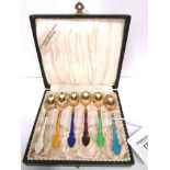 Fine cased set of Danish Meka Sterling silver gilt and enamel coffee spoons in fine condition, circa