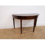 19th century mahogany demi lune hall table. 121cm width, 70.5cm height, 58cm depth.