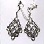 Pair of Sterling silver German drop earrings set marcasite circa 1900.