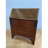 VICTORIAN MAHOGANY INLAID BUREAU with 3 drawers and brass handles on splay legs.(98cm high, 75cm