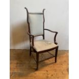 ARTS & CRAFTS STYLE MAHOGANY UPHOLSTERED OPEN ARM CHAIR117cm high, 56cm wide, 51cm deep