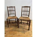 SET OF 6 RUSH SEAT SPINDLE BACK STAINED PINE COUNTRY CHAIRS, 96cm high, 51cm wide, 40.5cm deep