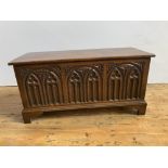 VICTORIAN STYLE OAK COFFER on bracket feet with gothic arch carving on front panel(92cm wide, 46cm