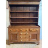 OAK 2-DOOR KITCHEN DRESSER WITH 3 TIER PLATE RACK, 3 mahogany drawers, 2 faux drawers and mahogany