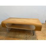 BENTWOOD STYLISED COFFEE TABLE ON TUBULAR METAL SUPPORTS 60.5cm wide, 119cm long, 38cm high