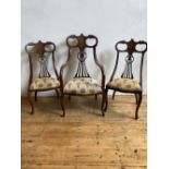 MAHOGANY INLAID ART NOUVEAU SALON ELBOW CHAIR & 2 MATCHING SIDE CHAIRSwith heart-shaped carved splat