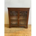 19TH CENTURY MAHOGANY INLAID ASTRAL GLAZED TWO-DOOR DISPLAY CABINET ON BRACKET FEET,106cm wide,